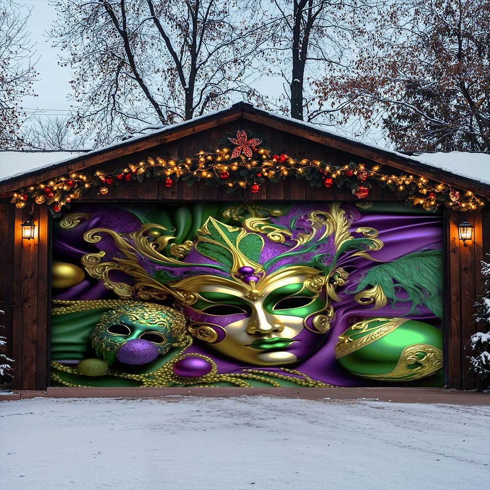 Lorva Mardi Gras Garage Door Banner Decoration Emerald Masquerade