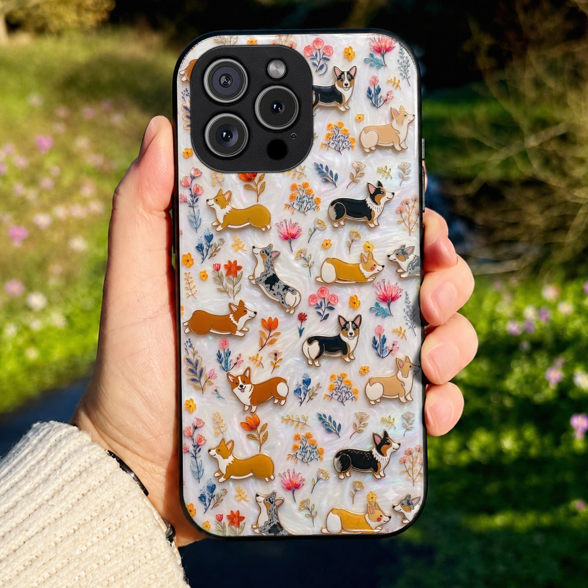 Lorva Corgi Flat Print Phone Case Sparkling Happy Field Flowers