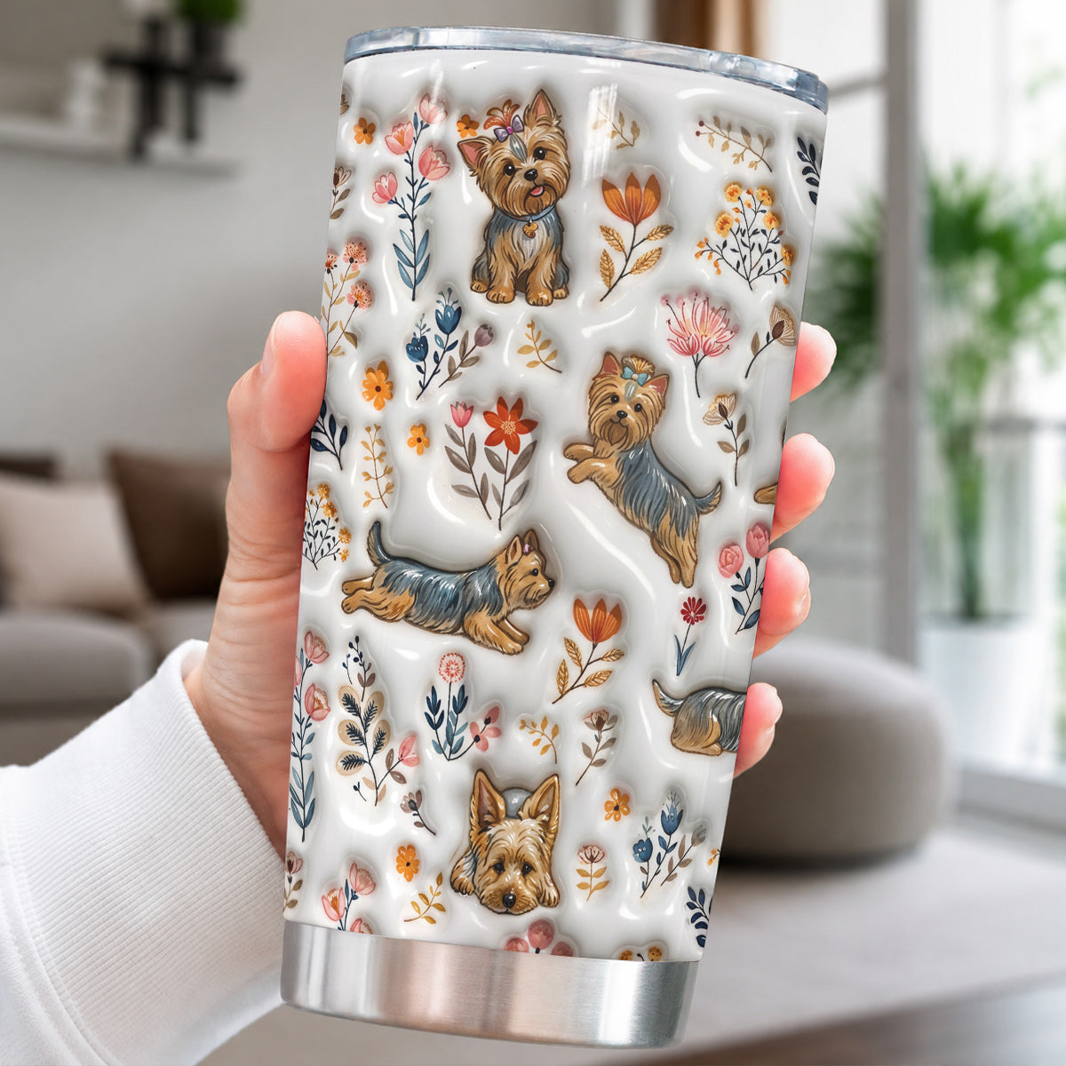 Lorva Yorkie 20Oz Flat Print Tumbler Happy Field Flowers