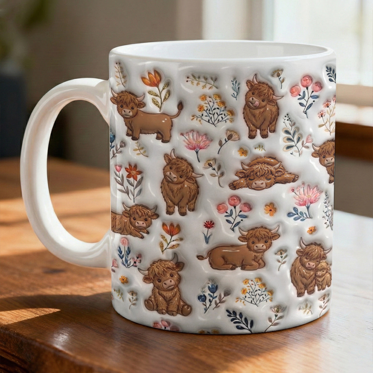 Lorva Highland Cow Flat Print Mug Happy Field Flowers