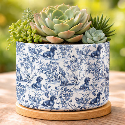 Lorva Dachshund Flat Print Ceramic Plant Pot Blue Floral