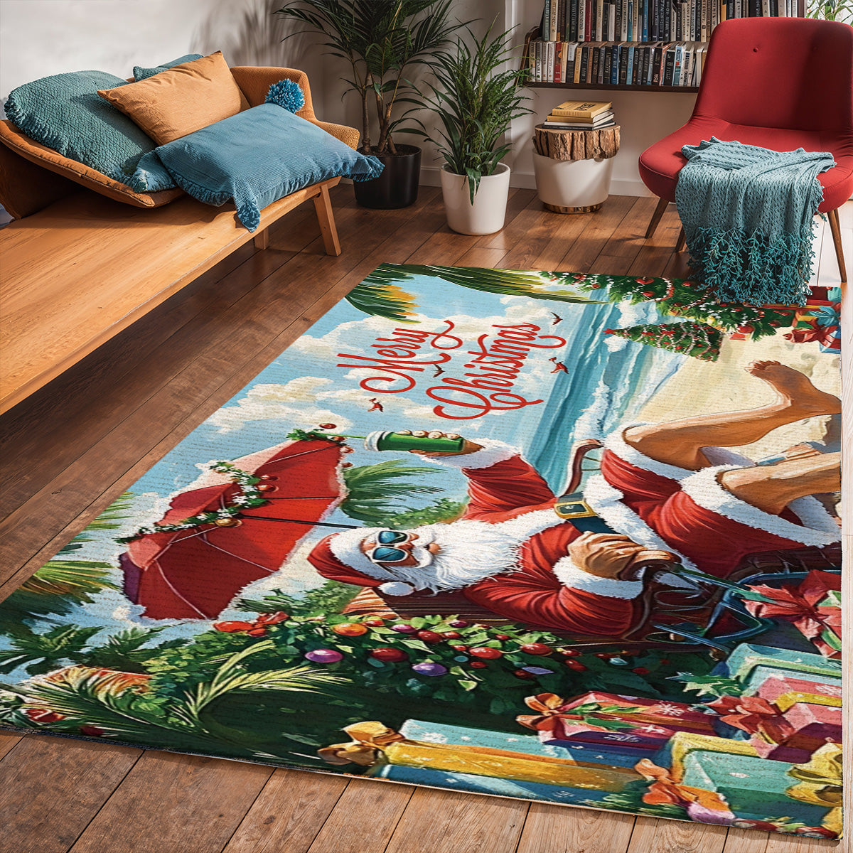 Lorva Christmas Area Rug Happy Santa On Beach