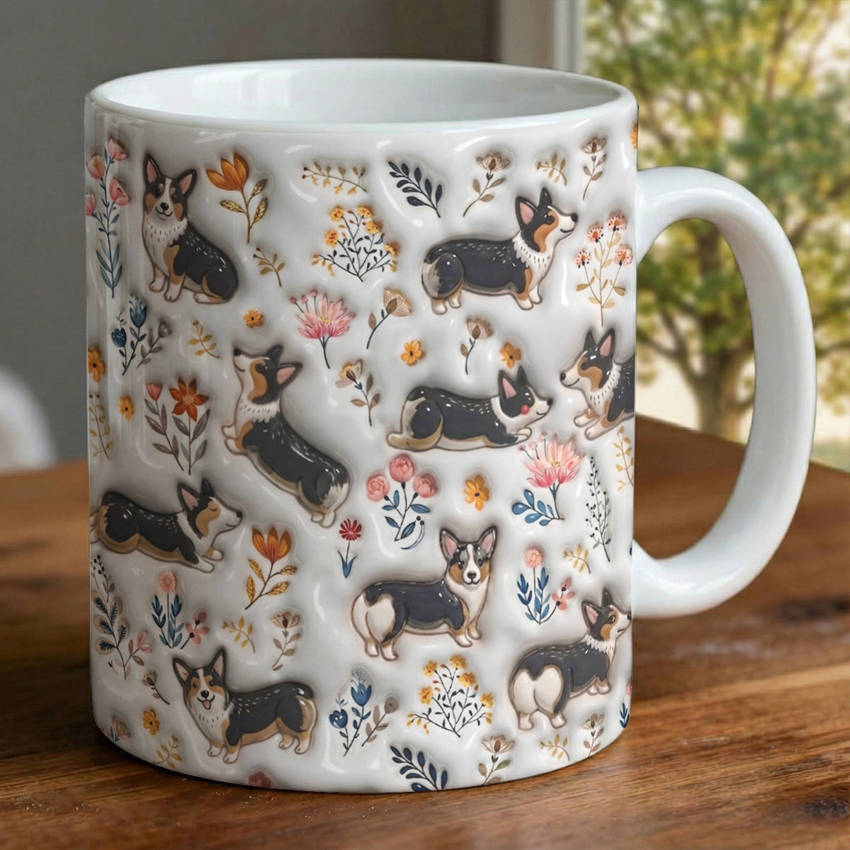 Lorva Corgi Flat Print Mug Joyful Field Flowers