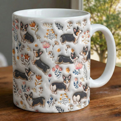 Lorva Corgi Flat Print Mug Joyful Field Flowers