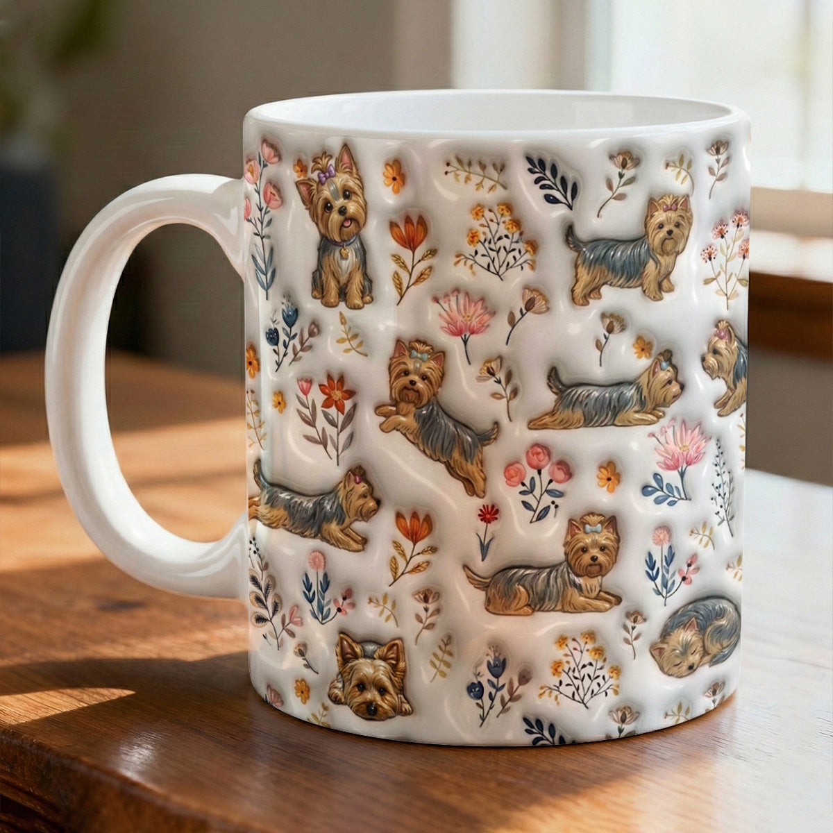 Lorva Yorkie Flat Print Mug Happy Field Flowers