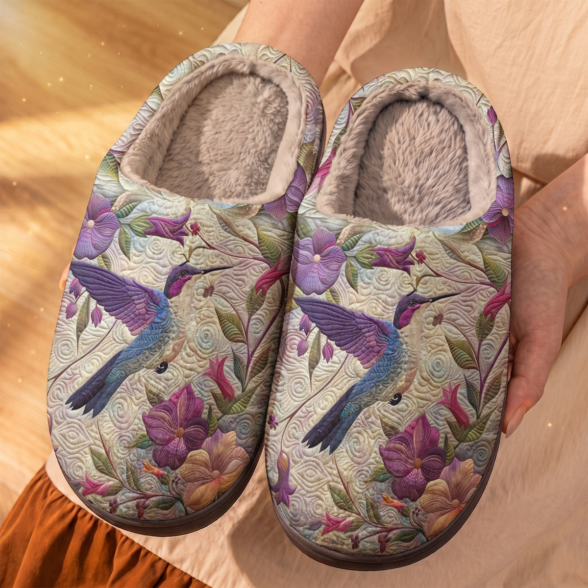 Lorva Hummingbird Fleece Lined Slippers Mysterious Floral