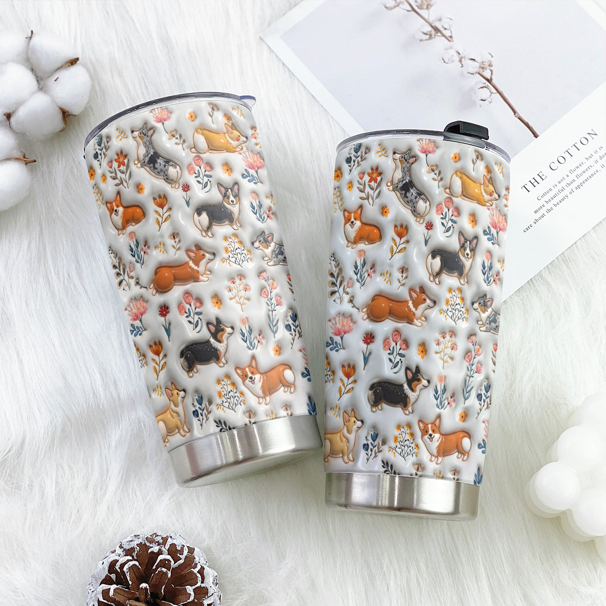 Lorva Corgi 20Oz Flat Print Tumbler Happy Field Flowers