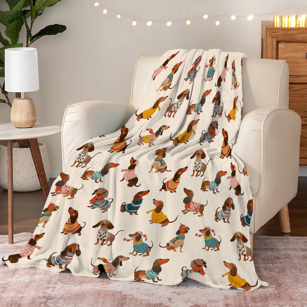 Lorva Dachshund Fleece Blanket Happy Holiday