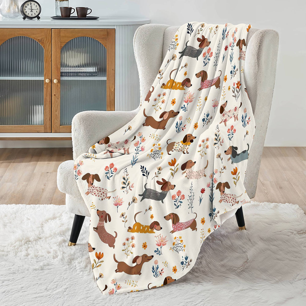 Lorva Dachshund Fleece Blanket Happy Field Flowers