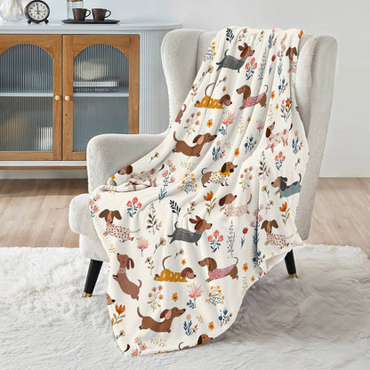 Lorva Dachshund Fleece Blanket Happy Field Flowers