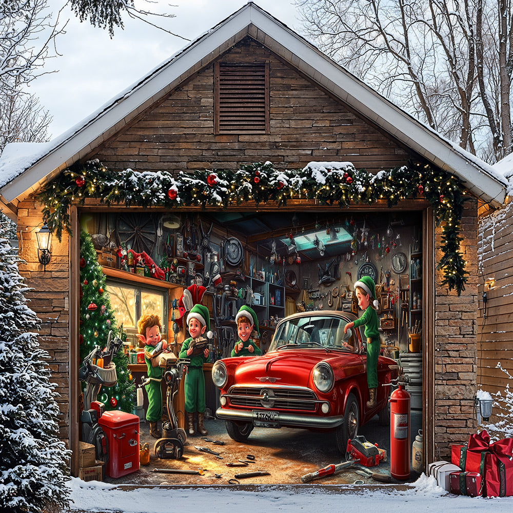 Lorva Garage Door Banner Decoration Christmas Elves Garage Workshop
