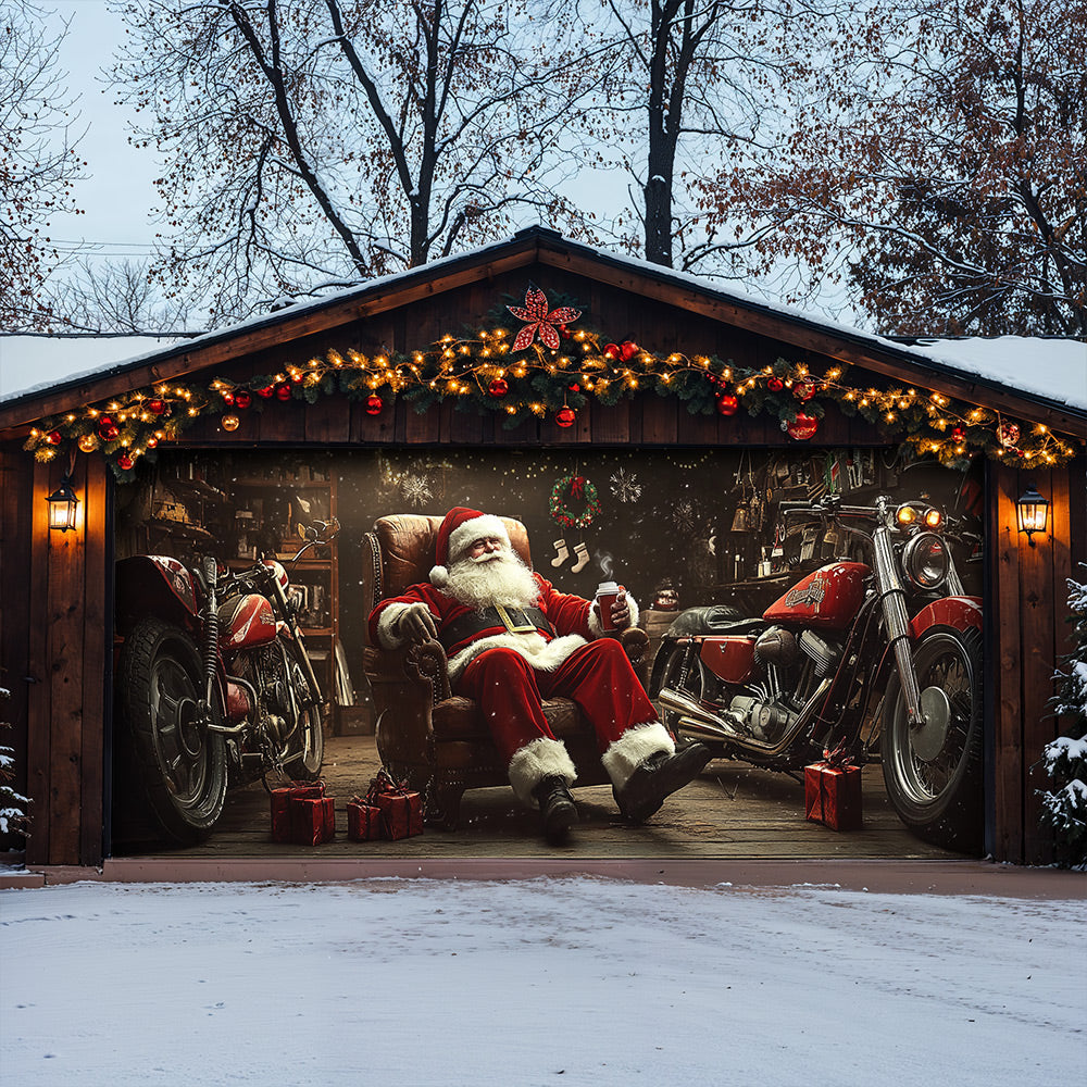 Lorva Chistmas Garage Door Banner Decoration Santa’s Biker Workshop