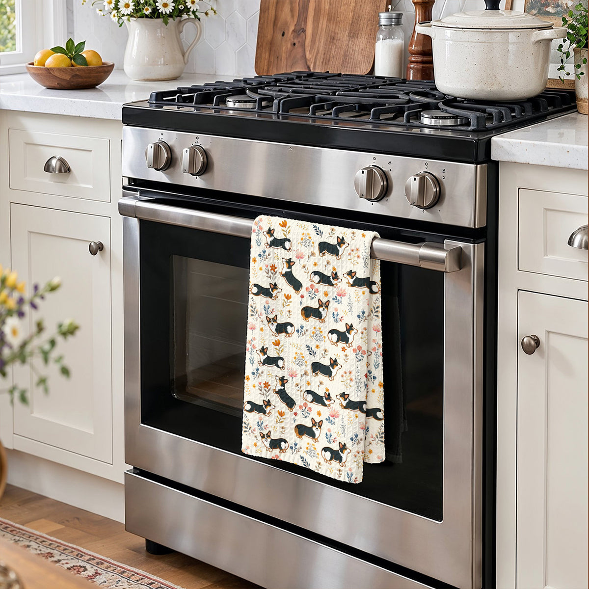 Lorva Corgi Kitchen Towel Joyful Field Flower