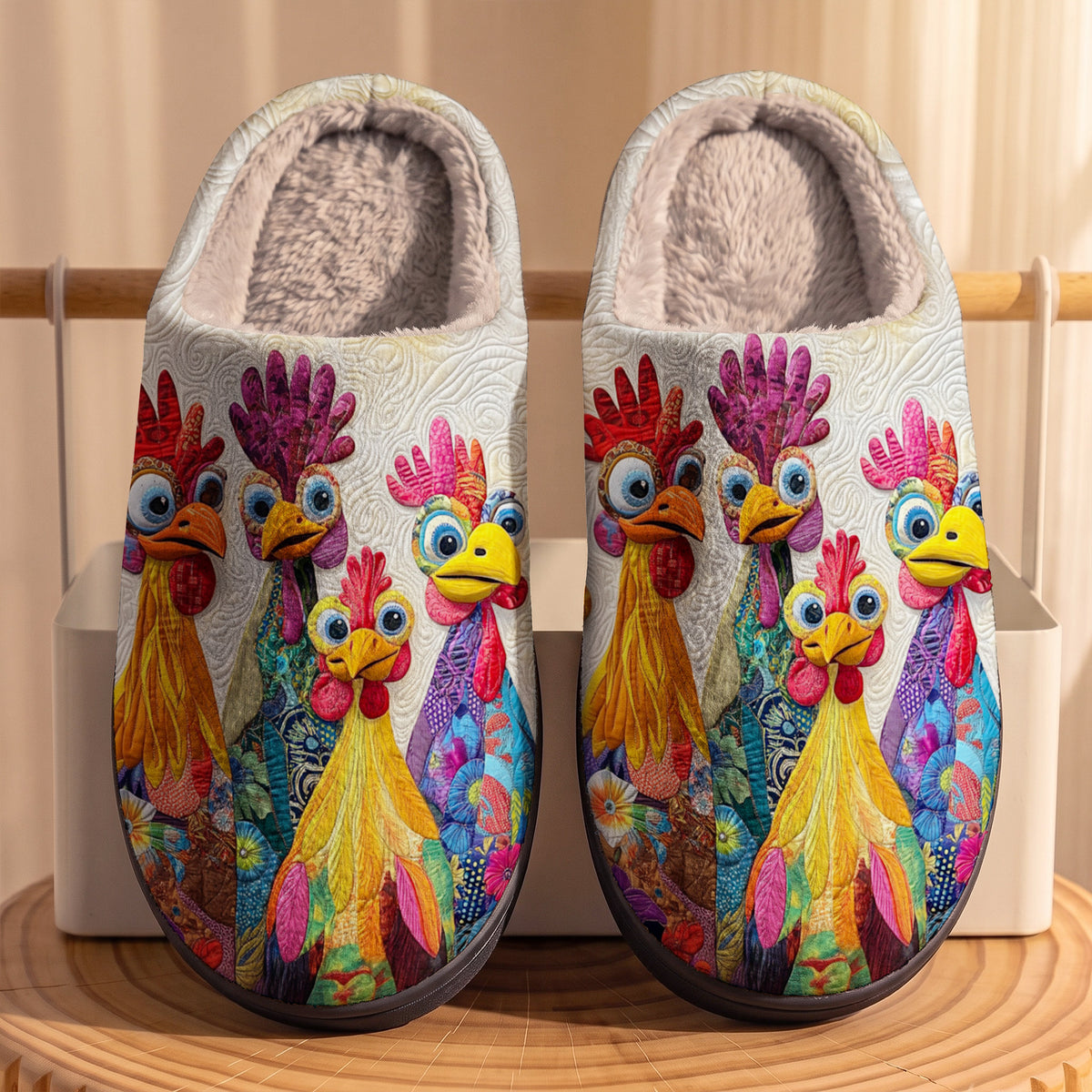 Lorva Chicken Fleece Lined Slippers Whimsical Floral Chickens