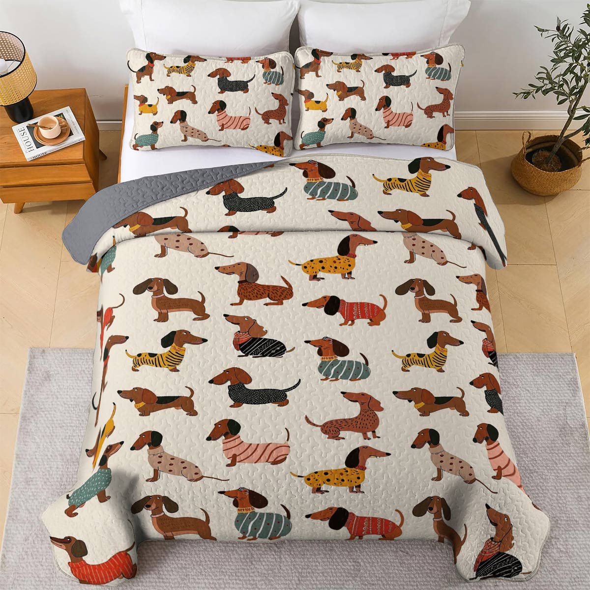 Lorva Dachshund All Season Quilt 3-Piece Set Cute Sausage