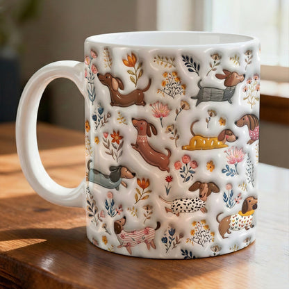 Lorva Dachshund Flat Print Mug Happy Field Flowers