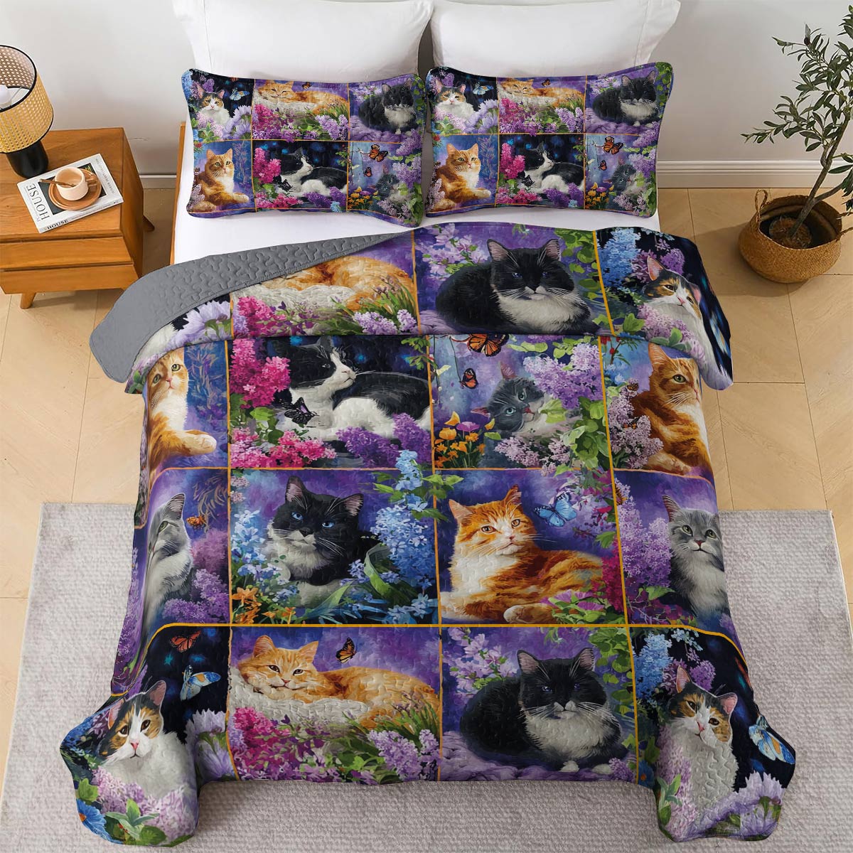 Lorva All Season Quilt 3-Piece Set Kittens With Flowers