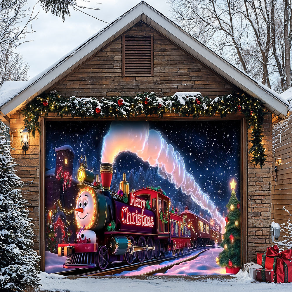 Lorva Christmas Garage Door Banner Decoration Cute Snowman’s Train Express