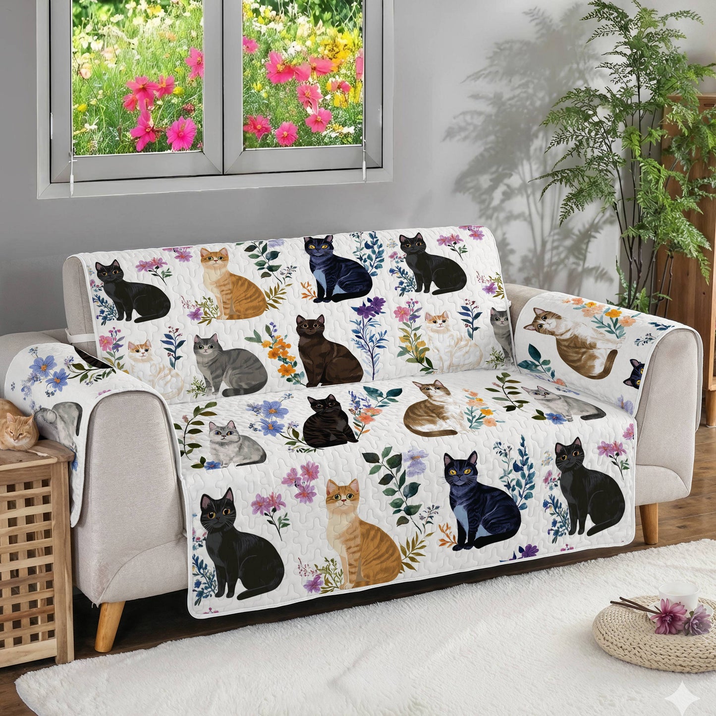 Lorva Sofa Cover Set Charming Floral Cats