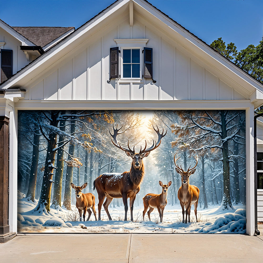 Lorva Christmas Garage Door Banner Decoration Majestic Reindeer Family In Winter Wonderland
