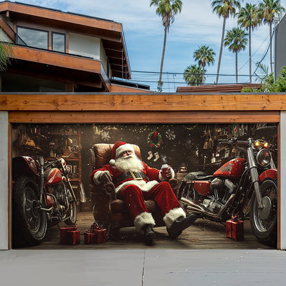 Lorva Chistmas Garage Door Banner Decoration Santa’s Biker Workshop