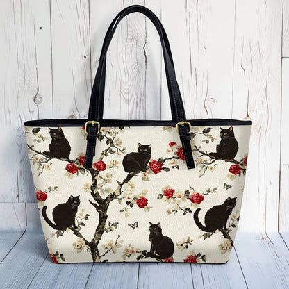 Lorva Black Cat Leather Tote Bag Roses Love