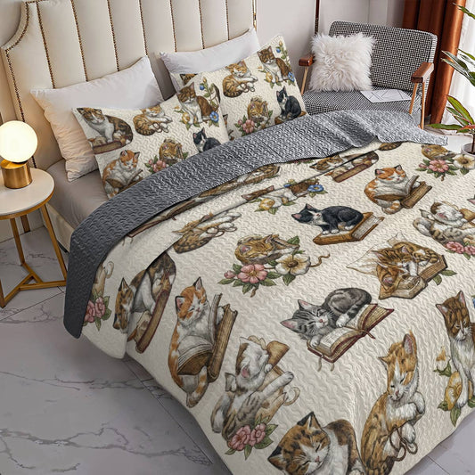 Cat Book Lorva All Season Quilt 3-Piece Set Charming Floral Autumn