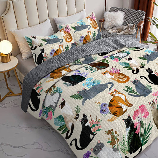 Lorva All Season Quilt 3-Piece Set Botanical Cats