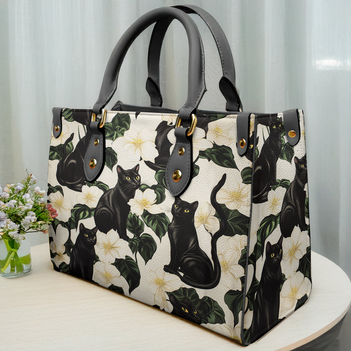Lorva Black Cat Leather Bag Gorgeous Plumeria