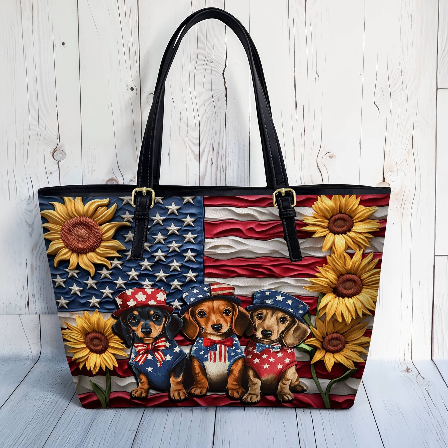 Lorva Dachshund Leather Tote Bag Doxies for America