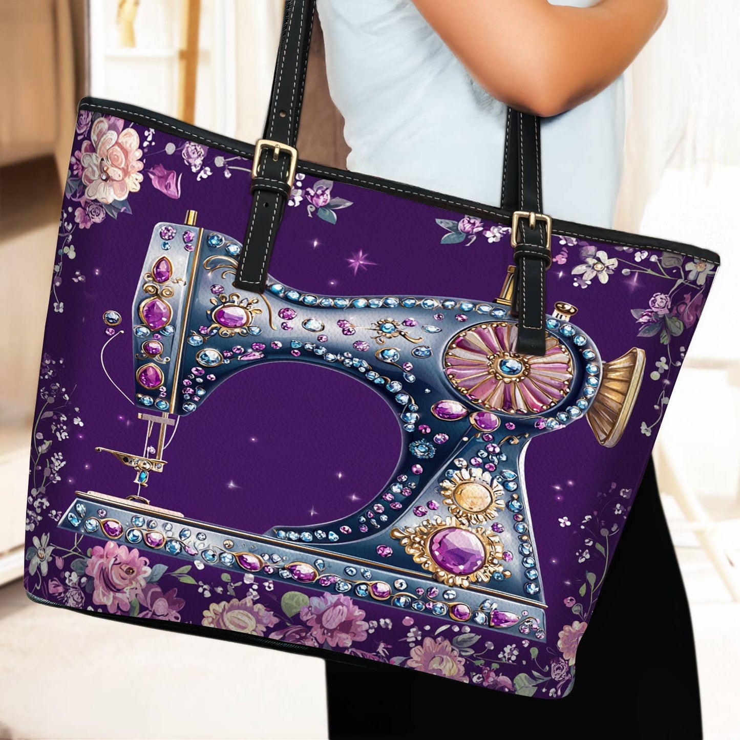 Lorva Sewing Leather Tote Bag Purple Spark