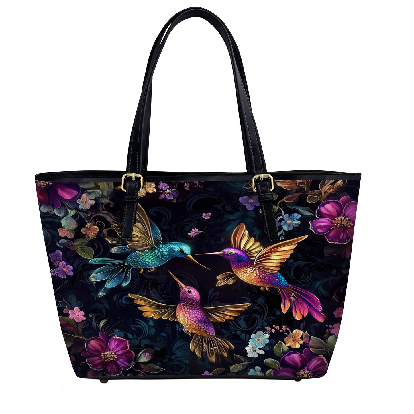 Lorva Hummingbird Leather Tote Bag Twilight Blooms