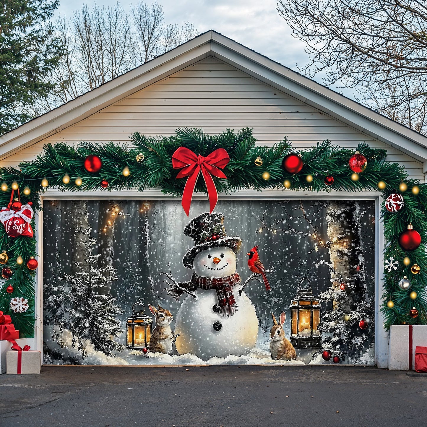 Lorva Garage Door Banner Decoration Winter Forest Snowman Gathering with Bunnies and Cardinals