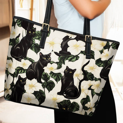 Lorva Black Cat Leather Tote Bag Gorgeous Plumeria