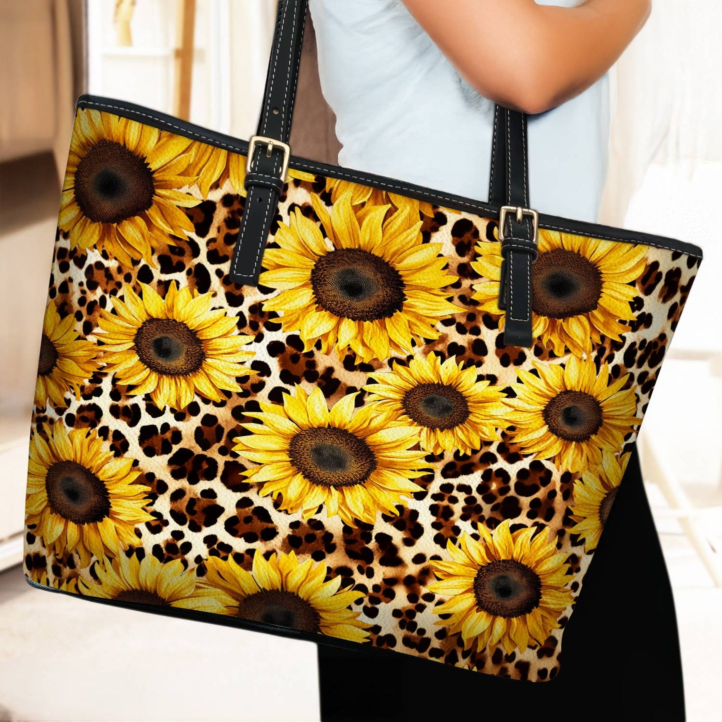 Lorva Leather Tote Bag Leopard Sunflowers