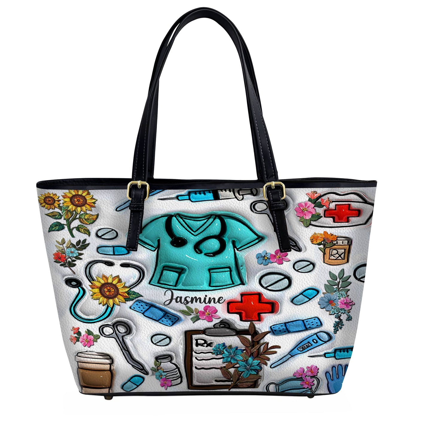 Lorva Personalized Leather Tote Bag Floral Puffy Nurse
