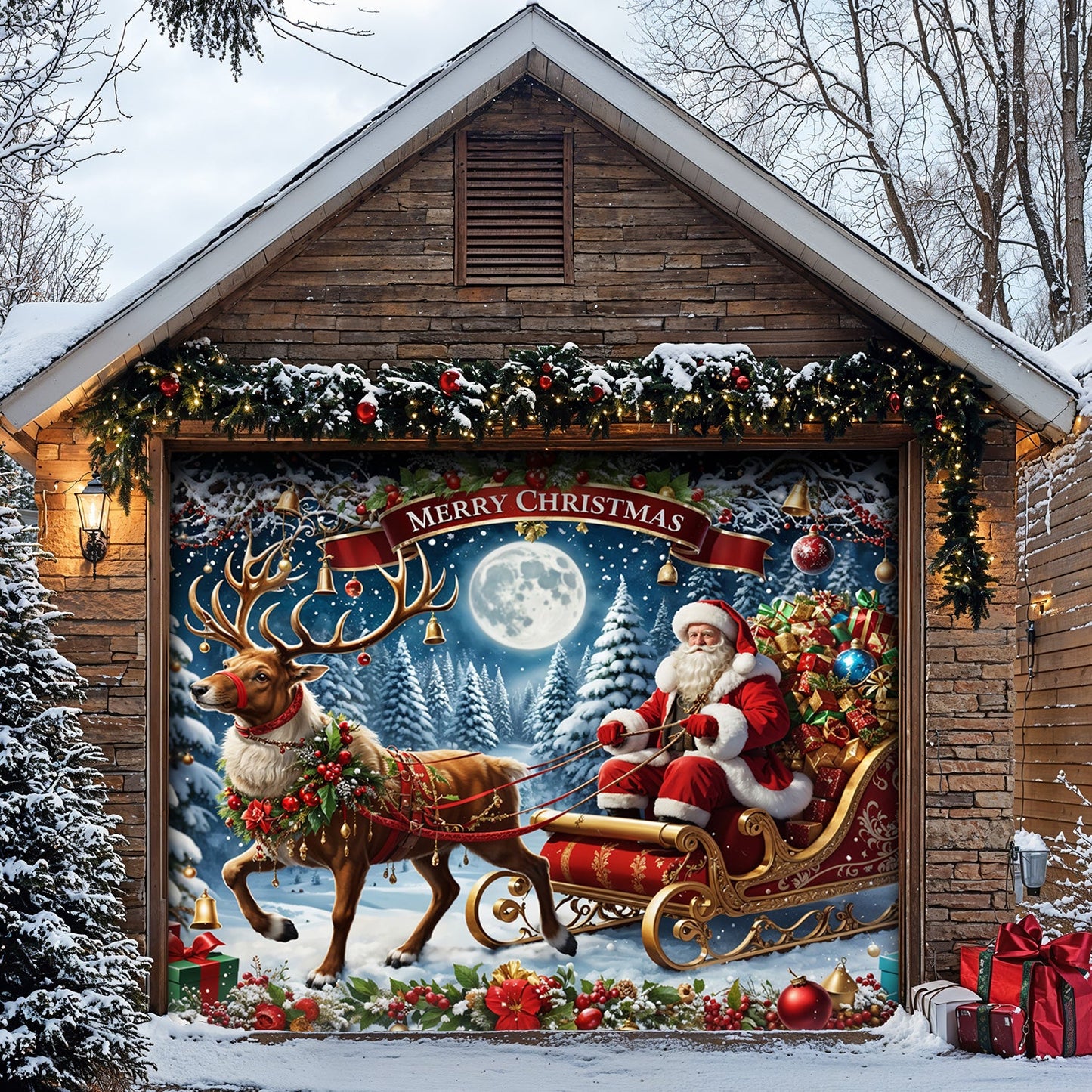 Lorva Christmas Garage Door Banner Decoration Santa’s Sleigh Ride Spreading Cheer on a Winter’s Eve
