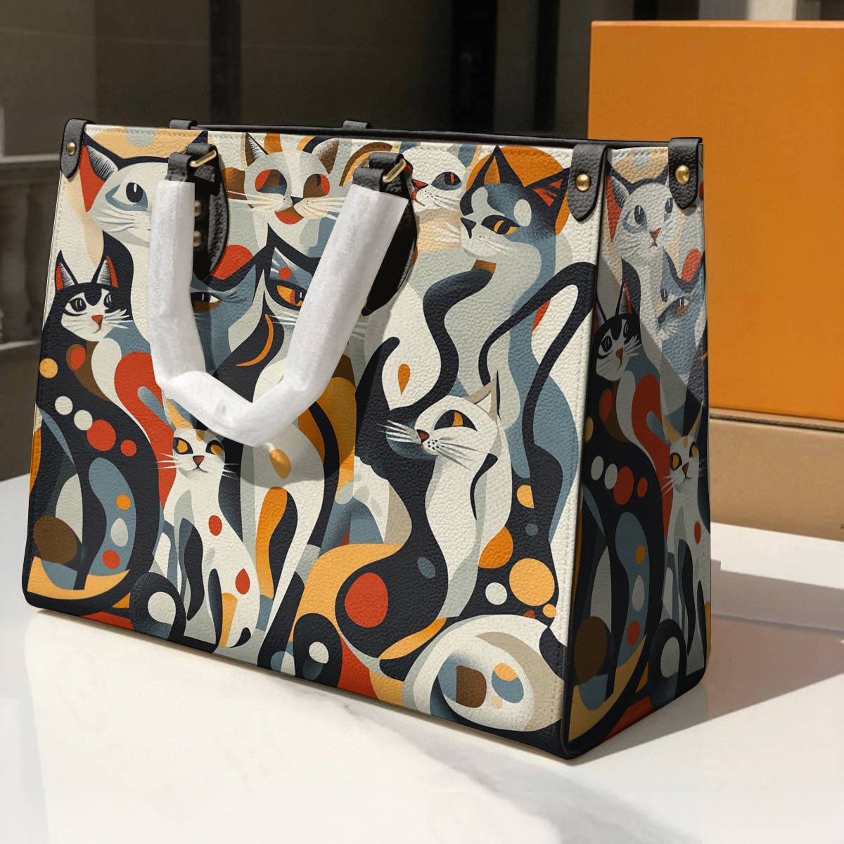 Lorva Cat Leather Bag Whimsical Geometric