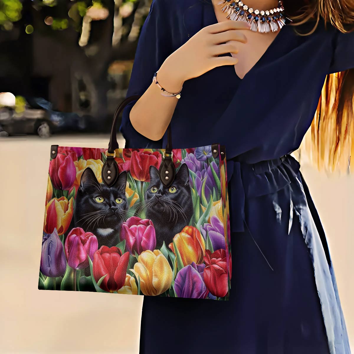 Lorva Leather Bag Enchanted Black Cats In The Tulip Garden
