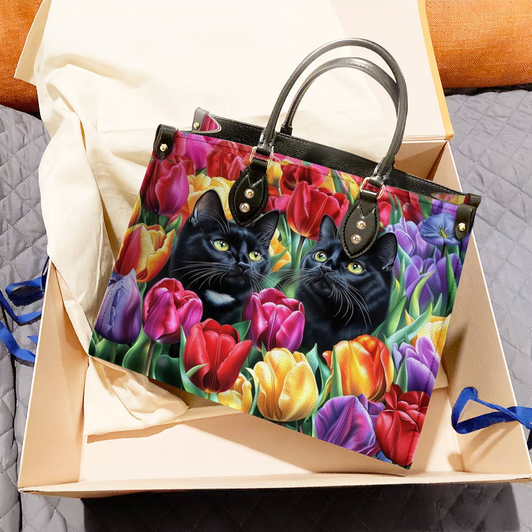 Lorva Leather Bag Enchanted Black Cats In The Tulip Garden