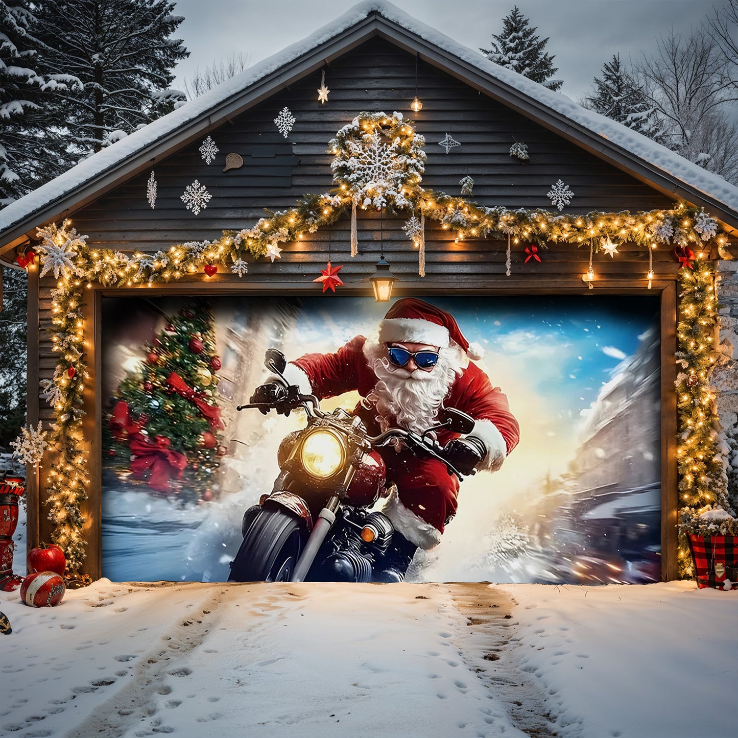 Lorva Christmas Garage Door Banner Decoration Cool Santa