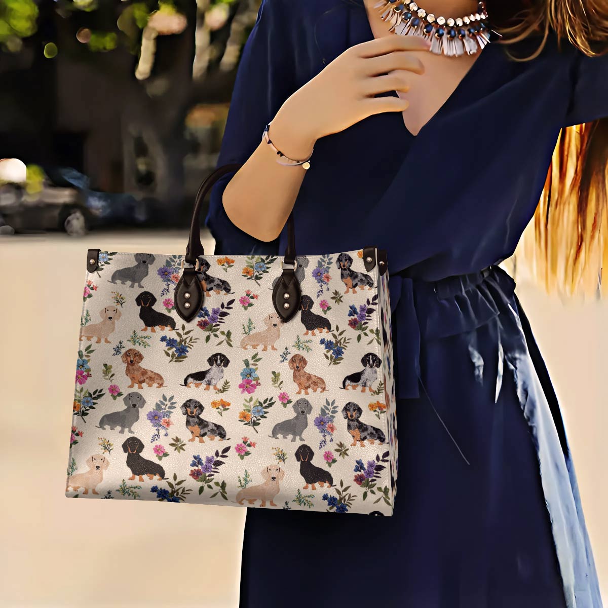 Lorva Leather Bag Charming Floral Dachshunds