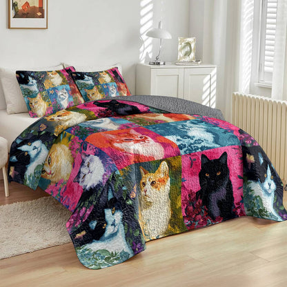 Lorva All Season Quilt 3-Piece Set Colorful Flowers Cats