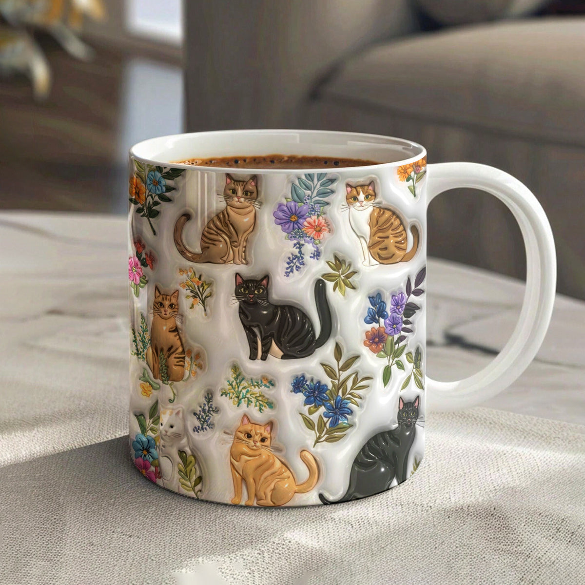 Lorva Mug Puffy Cute Floral Cats