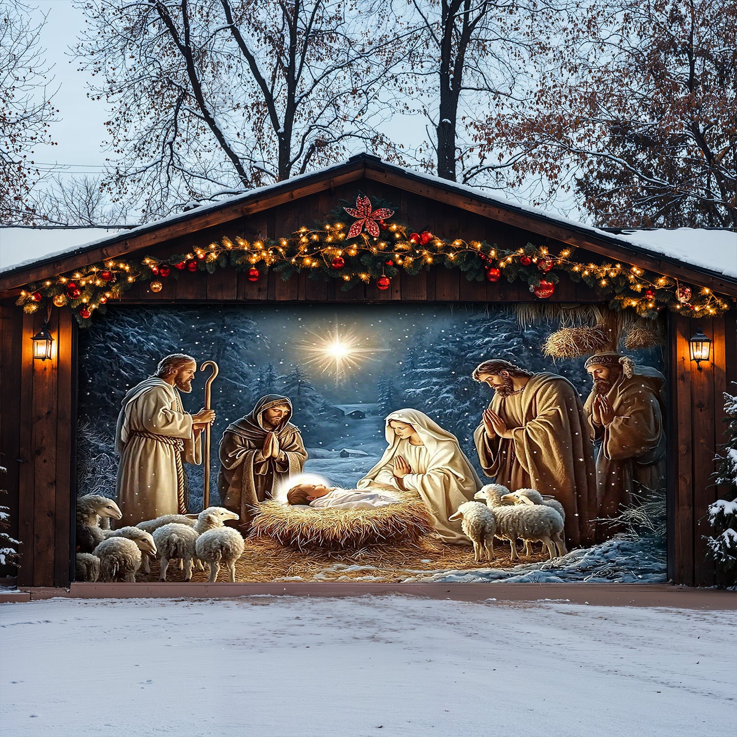 Lorva Christmas Garage Door Banner Decoration Faith Love The Nativity Scene