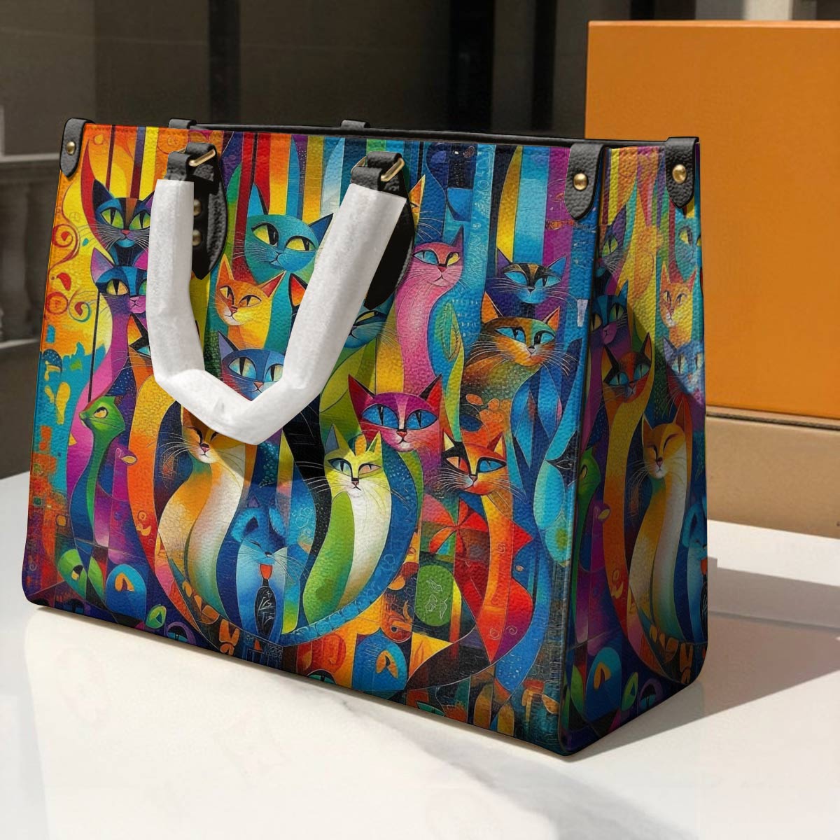 Lorva Cat Leather Bag Rainbow Geometric