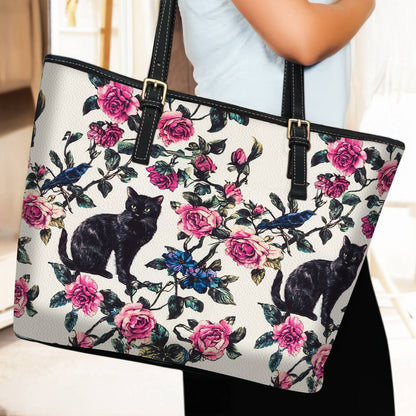 Lorva Black Cat Leather Tote Bag Mystic Roses