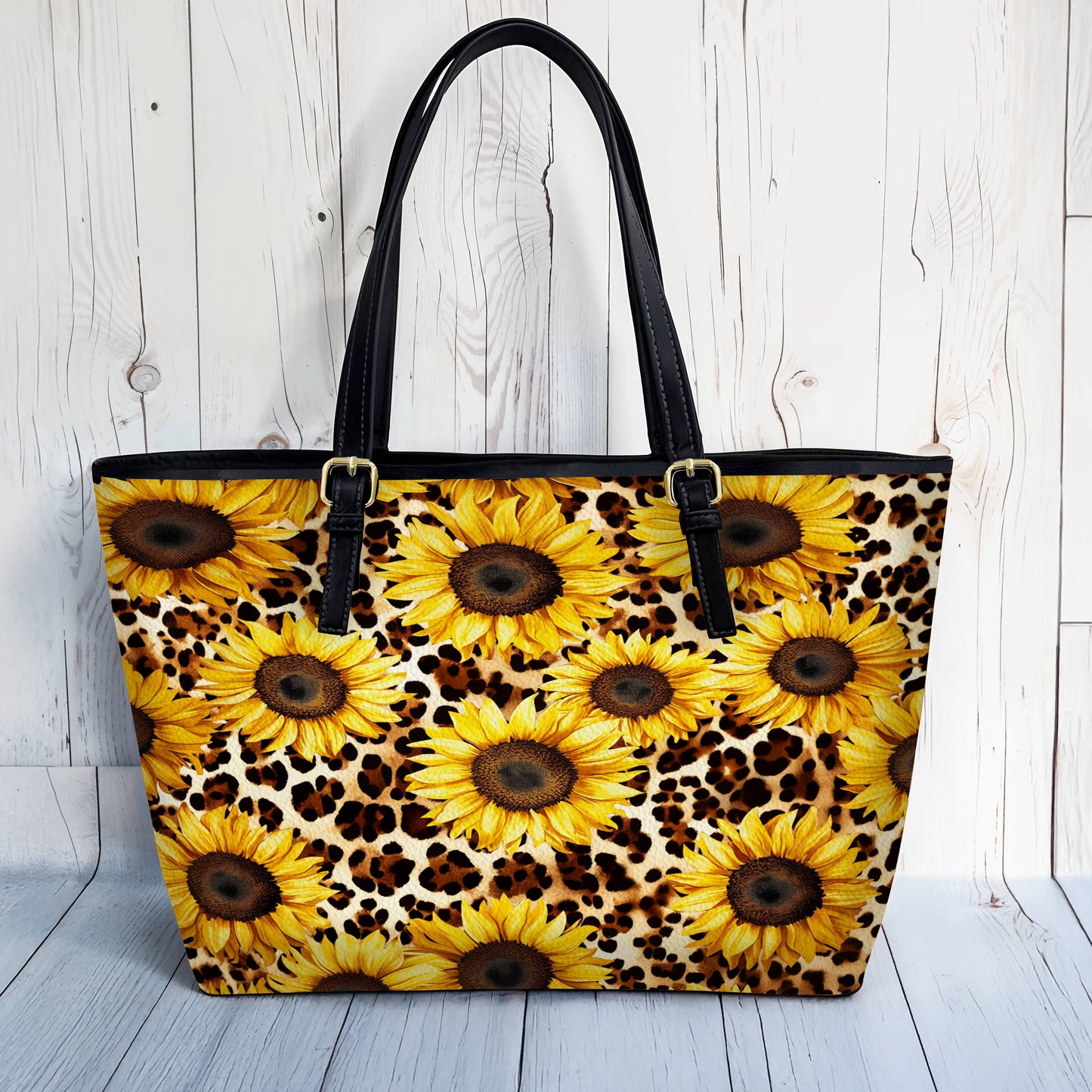Lorva Leather Tote Bag Leopard Sunflowers