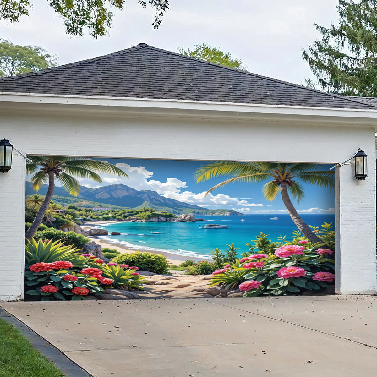 Lorva Garage Door Banner Beautiful Flowers Beach