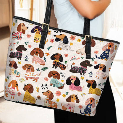Lorva Dachshund Leather Tote Bag Wagging In Bloom